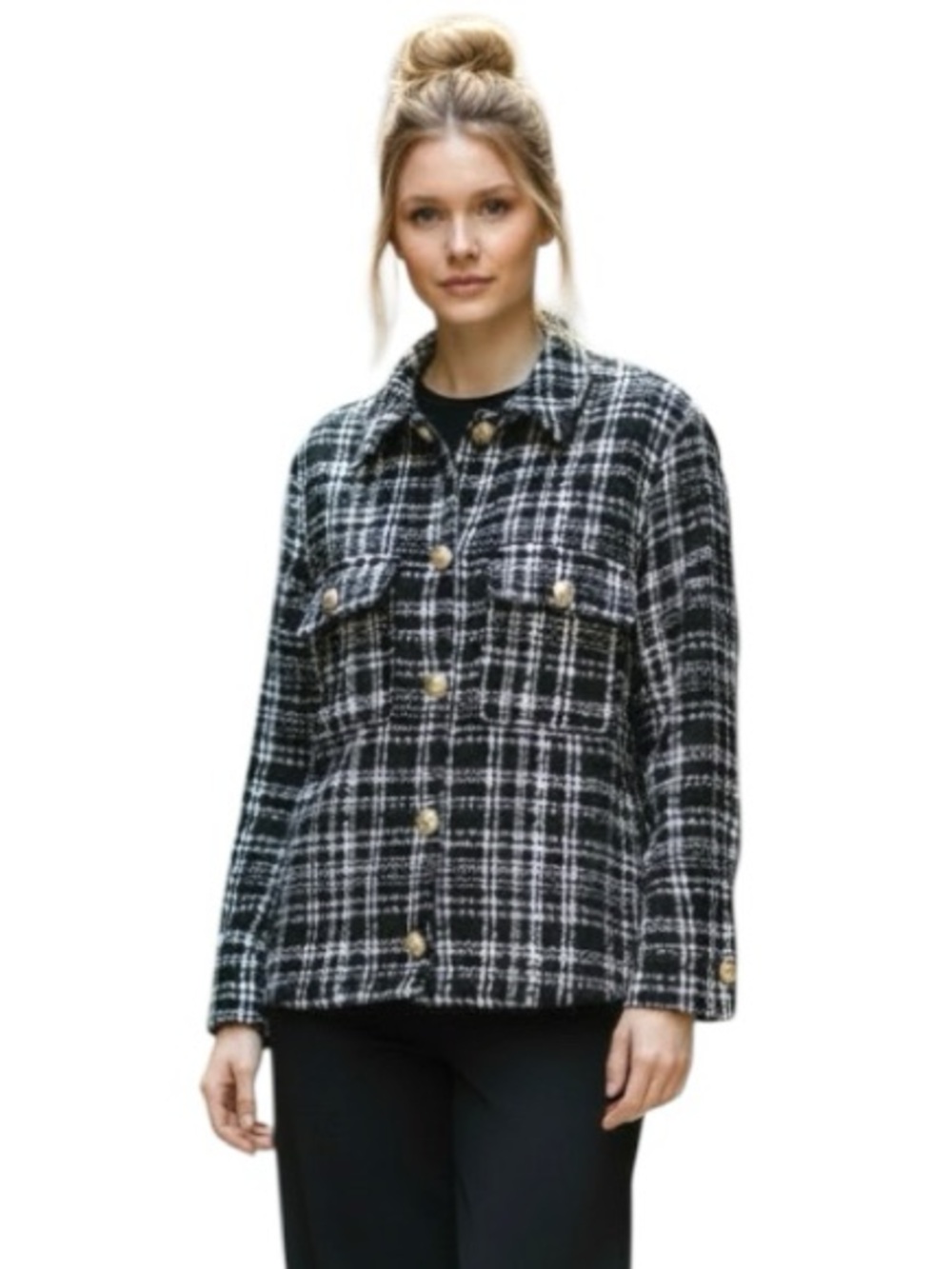 Zara Black Tweed Jacket L Pearl-Button Plaid Modern Blazer Tansitional Layer